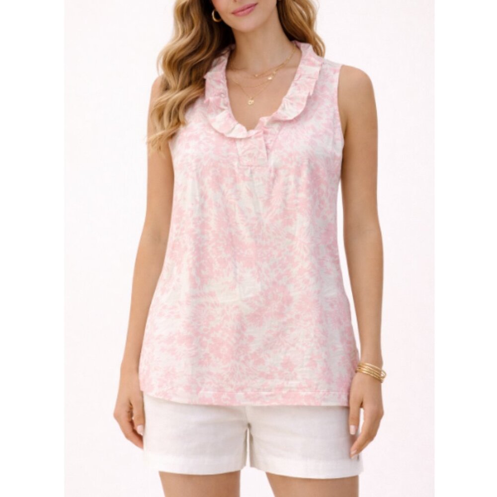 Crown & Ivy Women's Pink Floral Ruffle Neck Sleeveless Blouse Top Size Small